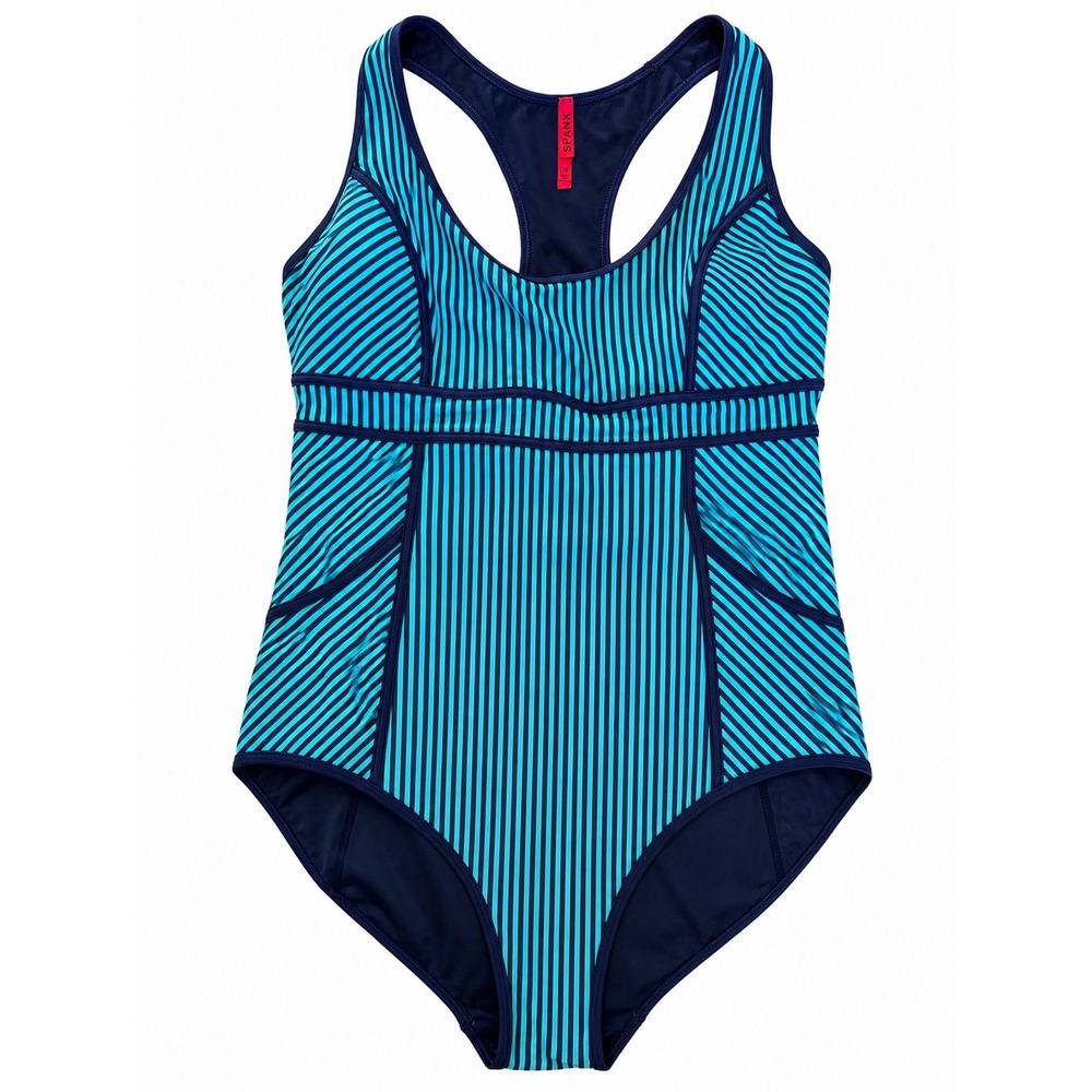 SPANX HourGlass Racerback‎ One Piece Swimsuit Navy Splash ThinStripe 16